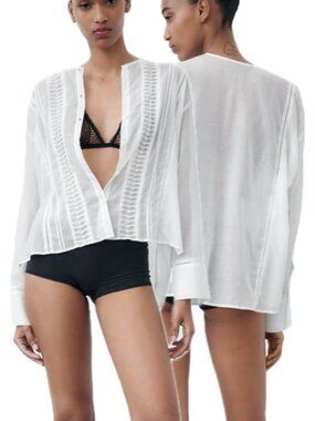 Zara Cotton Tonal-Embroidery Asymmetric Hem Long-Sleeve Button-Up Blouse (White)